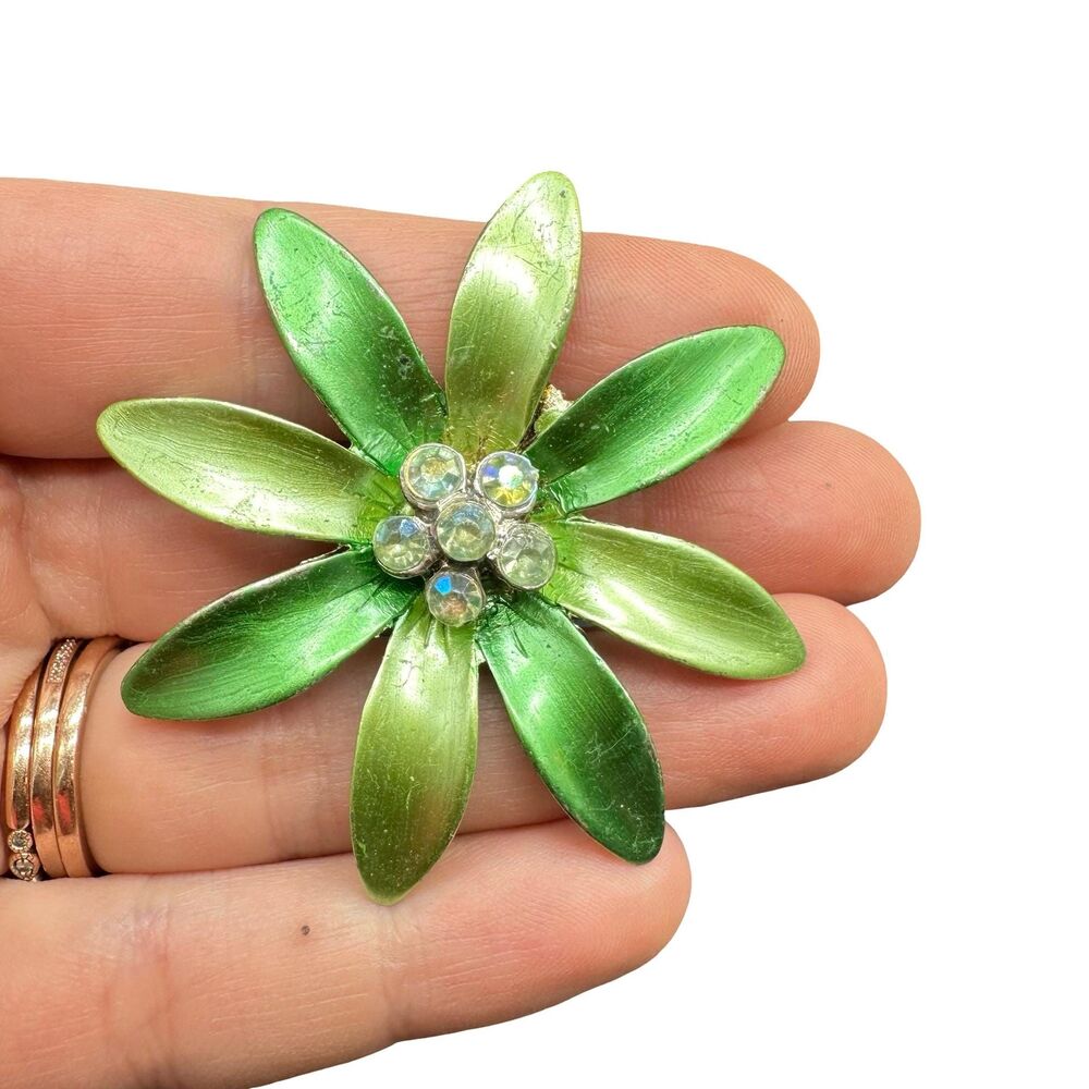 Vintage Green Daisy Brooch, Rhinestone Flower Pin